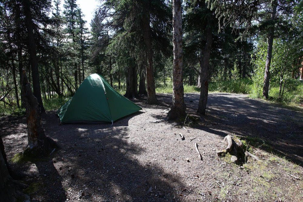 A tent pitched at a wooded campsite.